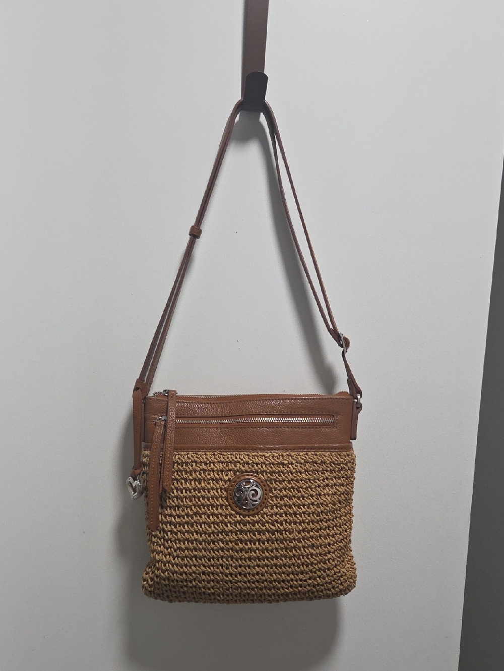 Brighton Tan Woven Crossbody Bag with Leather Trim
